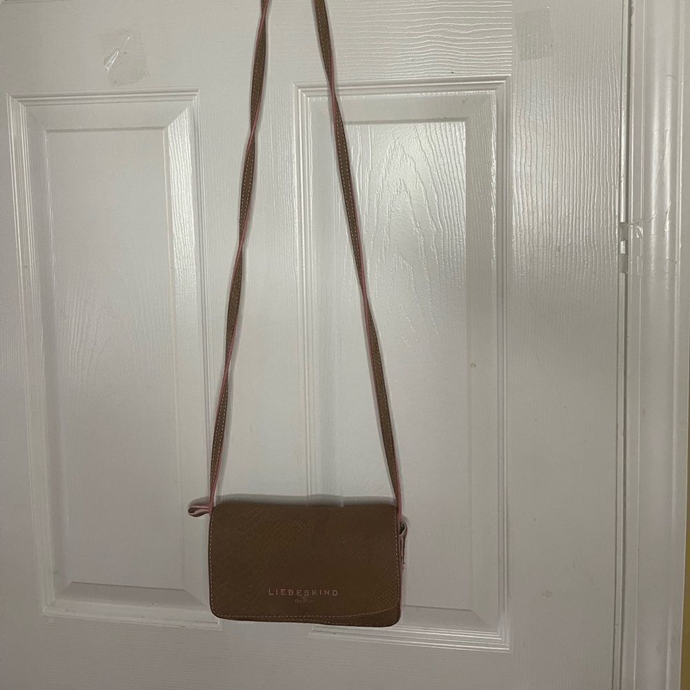 Liebeskind Berlin leather Brown &pink snake skin print crossbody bag/purse .